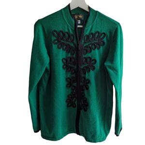 Bob Mackie Wearable Art Amazing Embroidered Full Zip Green Sweater Cardigan Sz M